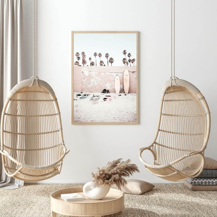 A Coastal Surf Beach Wall Art Print with surfboards with a frame in timber for a living room wall