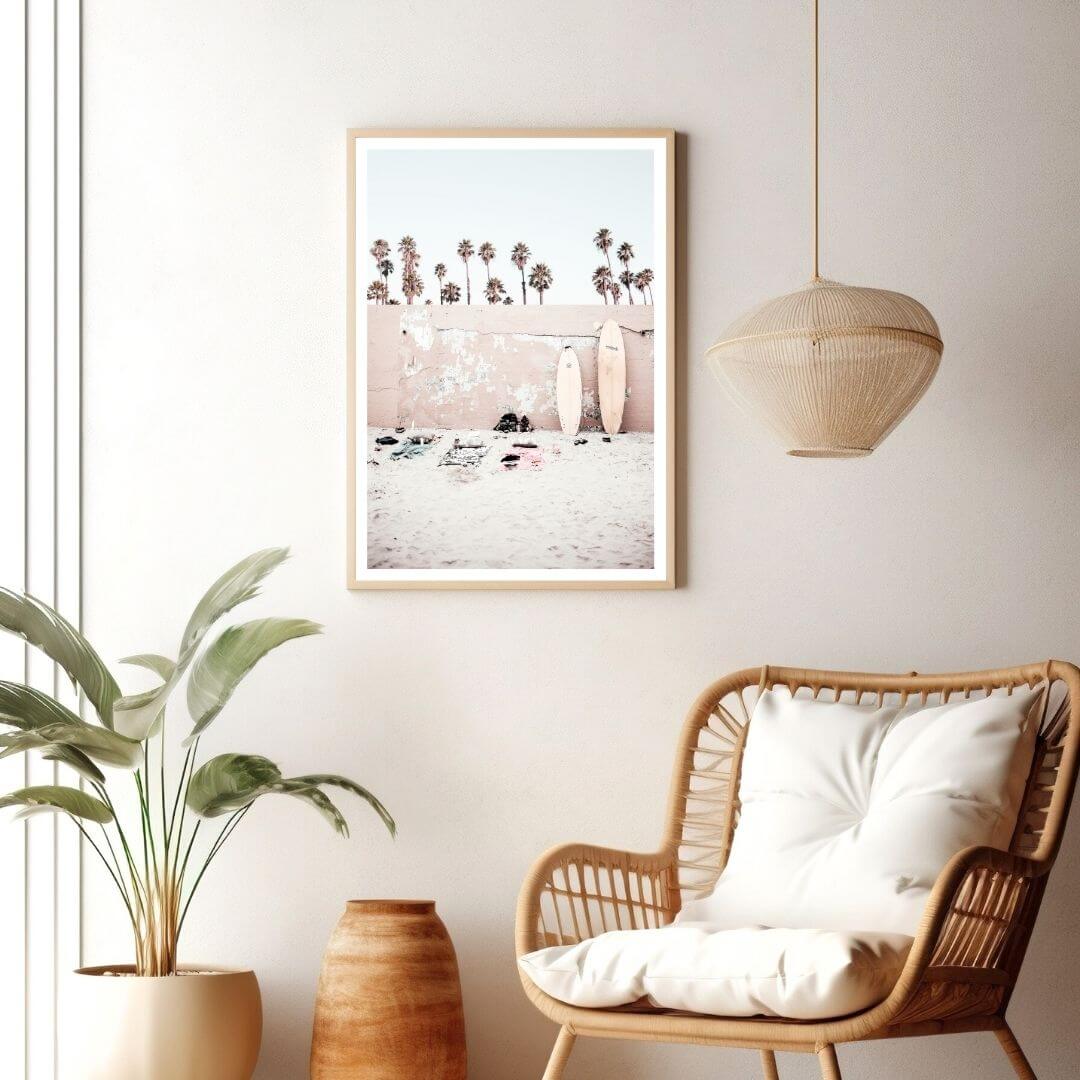 A Coastal Surf Beach Wall Art Print with surfboards with a timber frame or unframed to decorate walls in living room