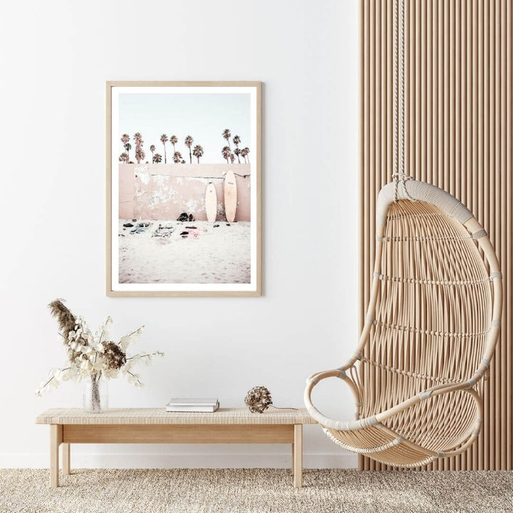 A Coastal Surf Beach Wall Art Print with surfboards with a timber frame for the living room by Beautiful Home Decor