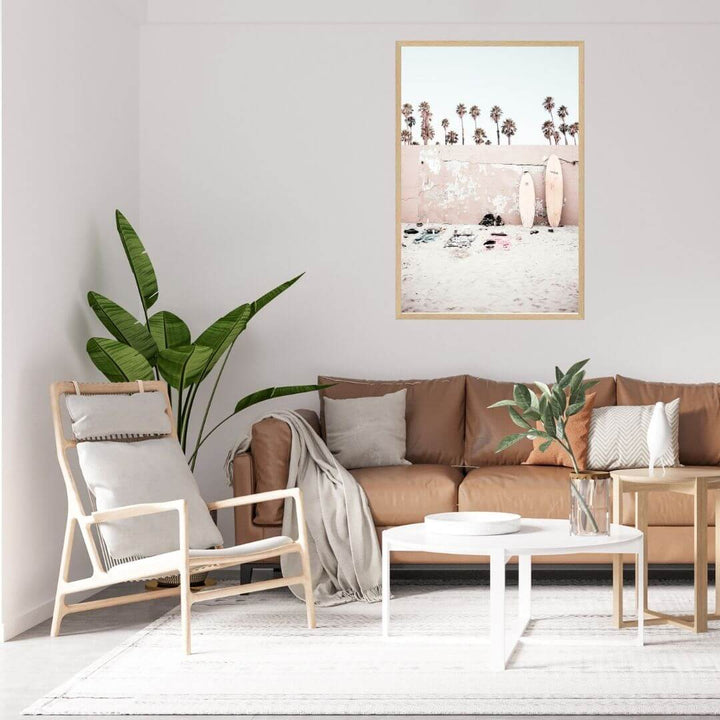 A Coastal Surf Beach Wall Art Print with surfboards with a timber frame to style a coastal Australian empty walls.