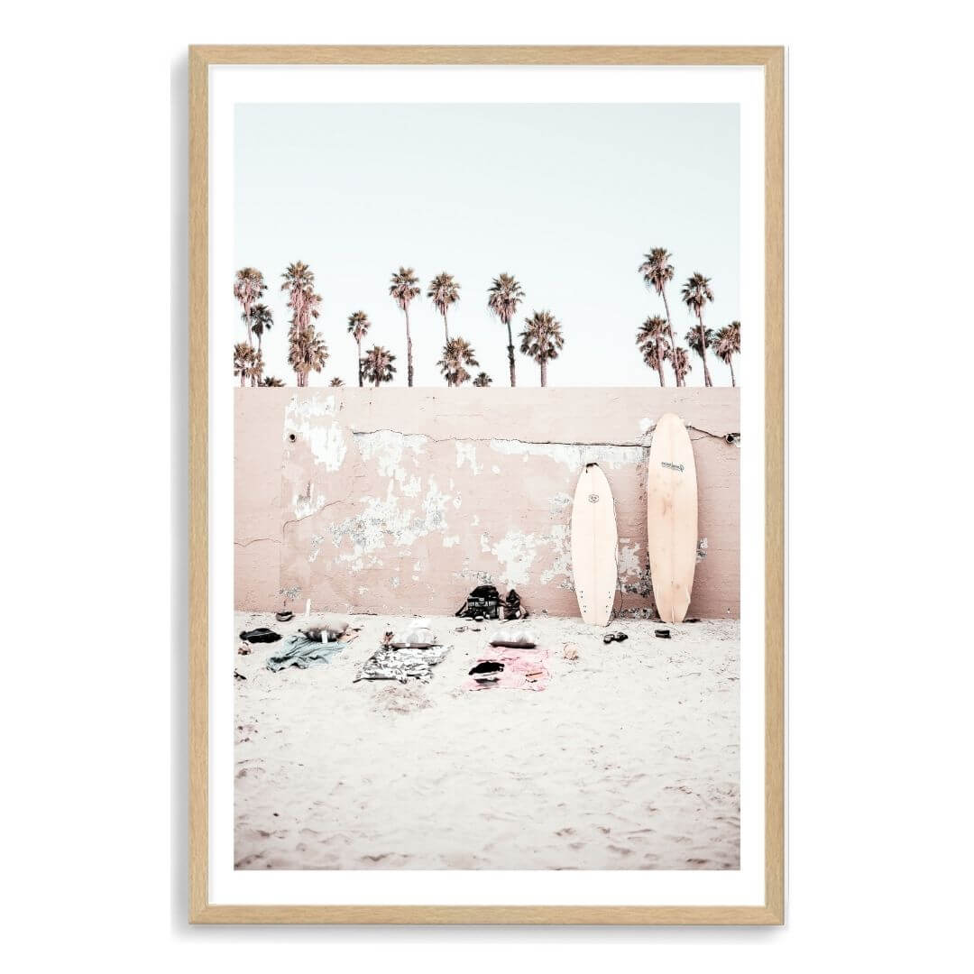 A Coastal Surf Beach Wall Art Print with surfboards with a timber frame, white border by Beautiful Home Decor