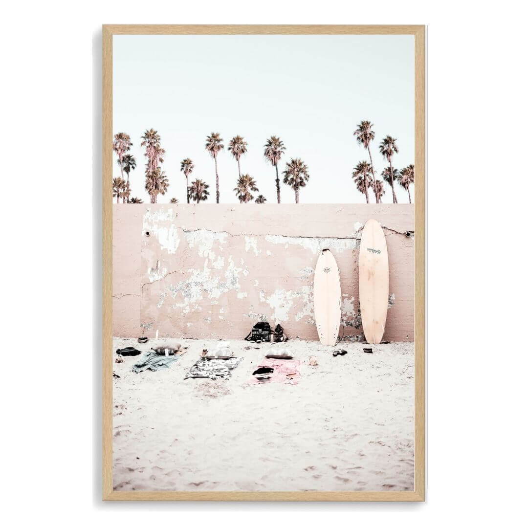 A Coastal Surf Beach Wall Art Print with surfboards with a timber frame, no white border at Beautiful Home Decor