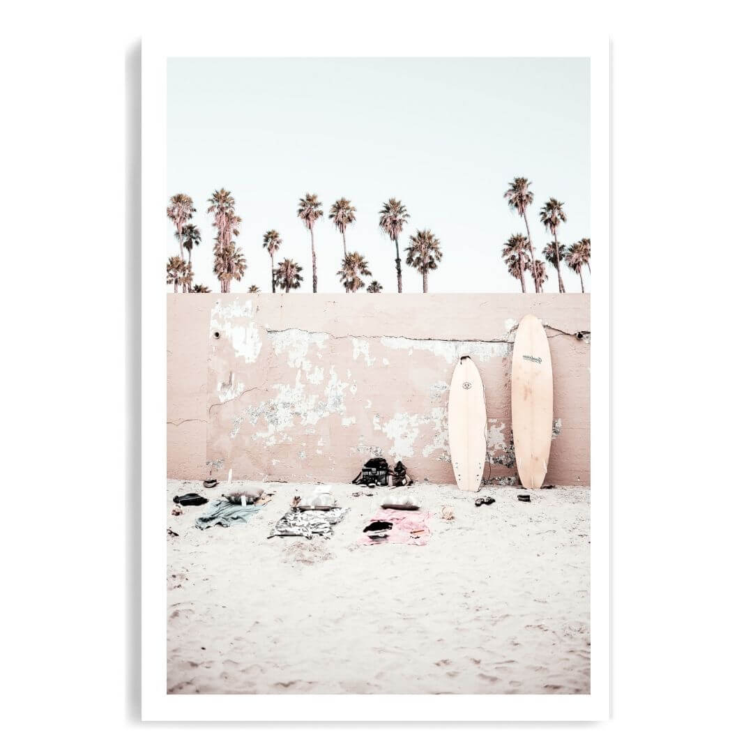 A Coastal Surf Beach Wall Art Print with surfboards unframed with a white border by Beautiful Home Decor