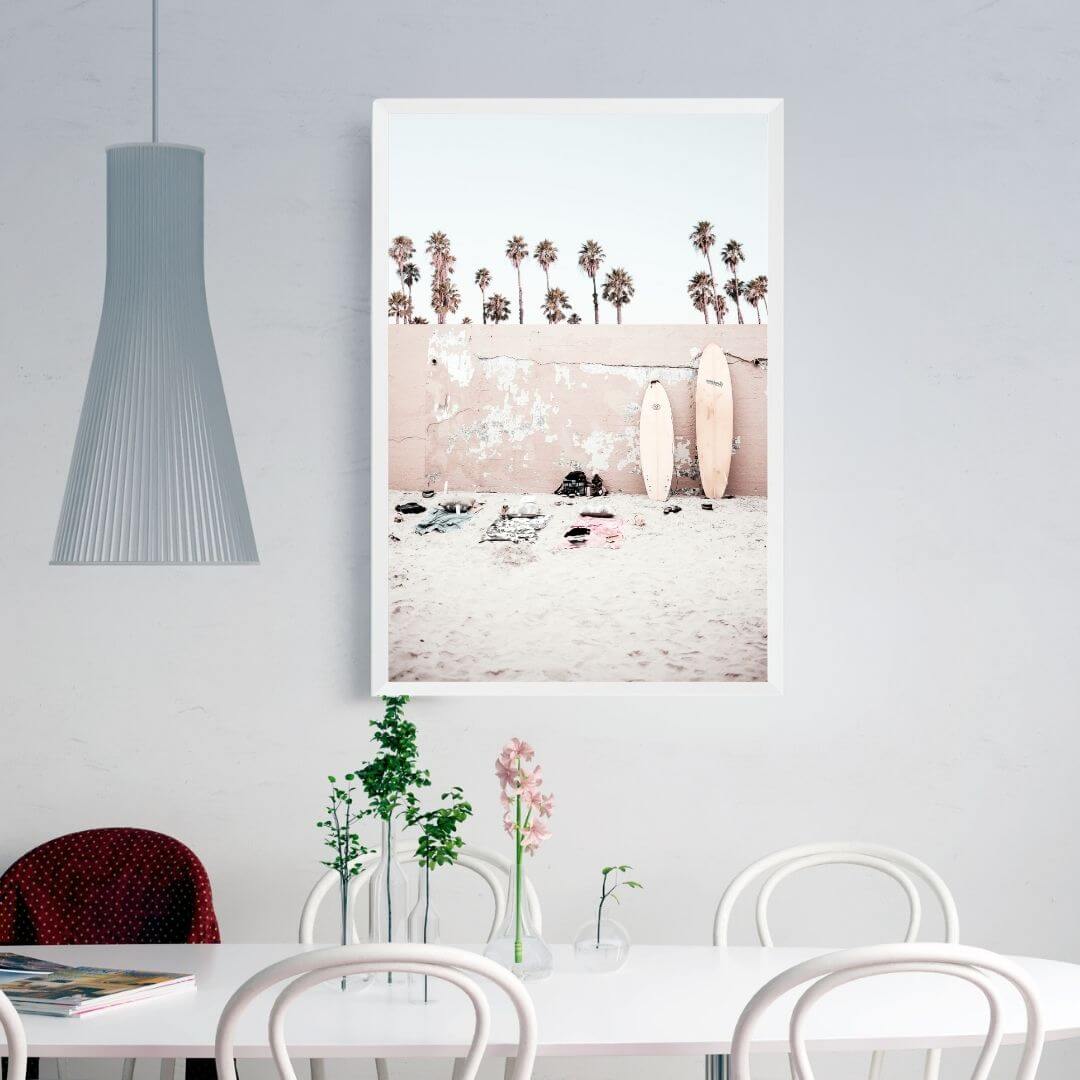 A Coastal Surf Beach Wall Art Print with surfboards with a white frame or unframed to decorate an empty wall