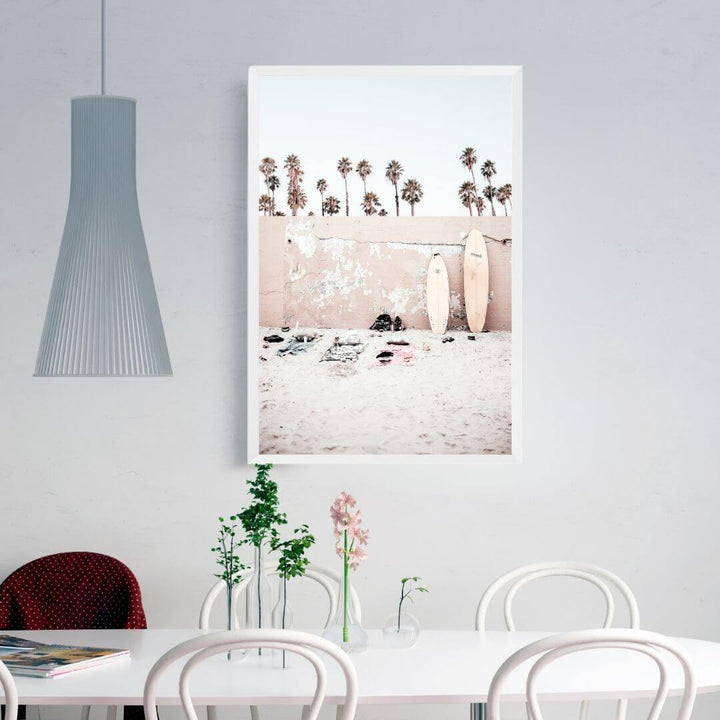 A Coastal Surf Beach Wall Art Print with surfboards with a white frame or unframed to decorate an empty wall