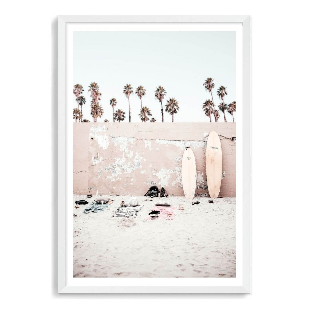 A Coastal Surf Beach Wall Art Print with surfboards with a white frame, white border by Beautiful Home Decor