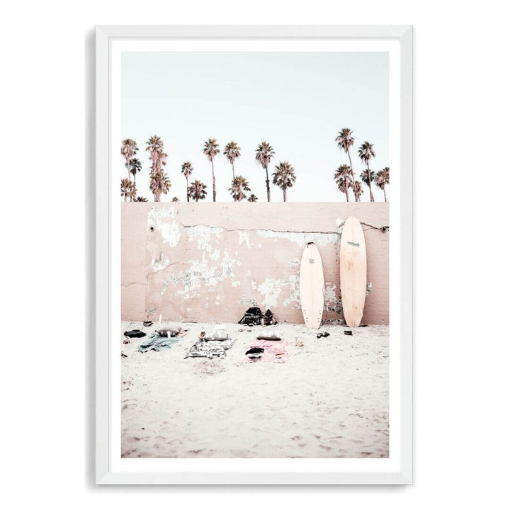 A Coastal Surf Beach Wall Art Print with surfboards with a white frame, white border by Beautiful Home Decor