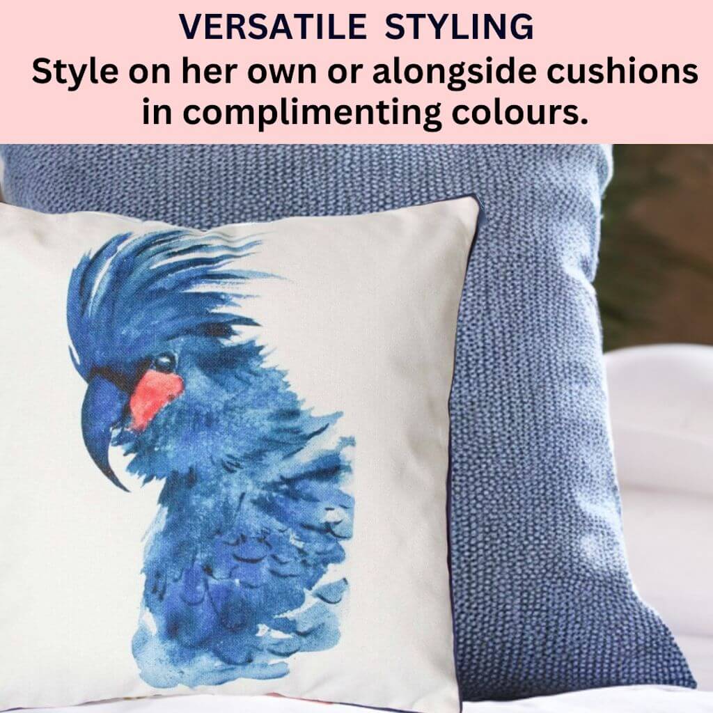 Style the blue cockatoo square scatter cushion alongside other cushions on your sofa or on her own to decorate your living spaces.