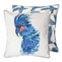 A beautiful scatter cushion with a blue cockatoo in the front and feathers at the back.