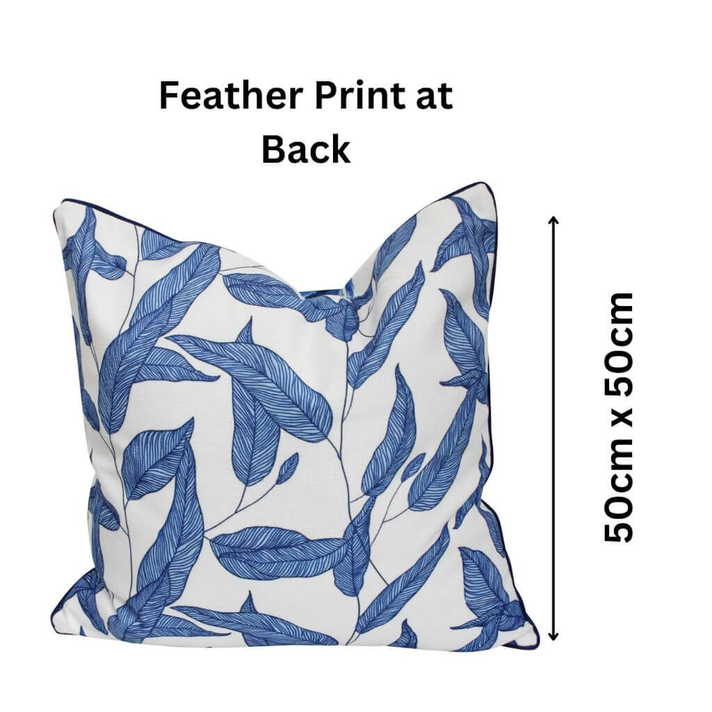 A blue square decorative cushion of a cockatoo measuring 50cm., with a feather print back