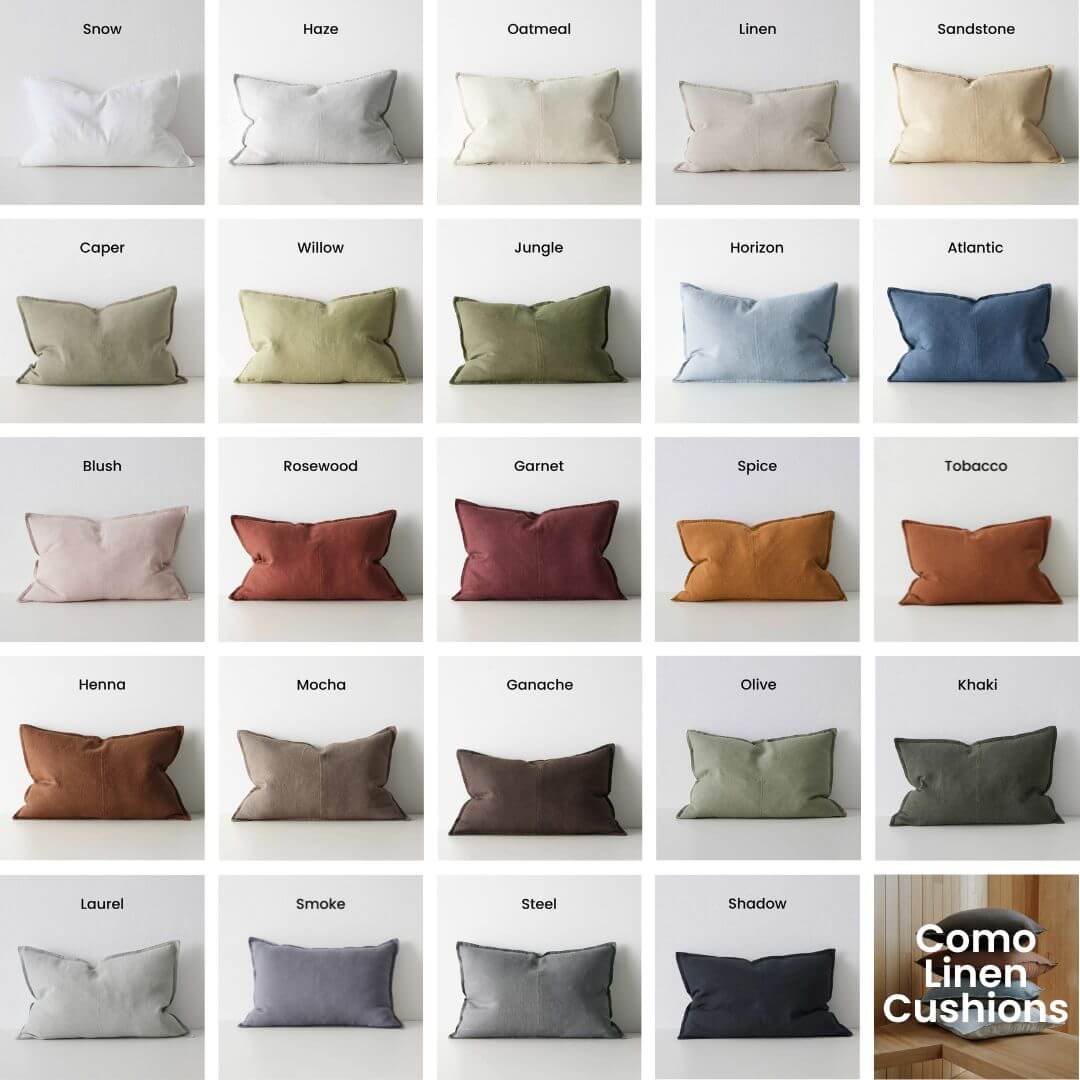 Grid of lumbar rectangle Como Linen Cushions in various colors on a grey  background