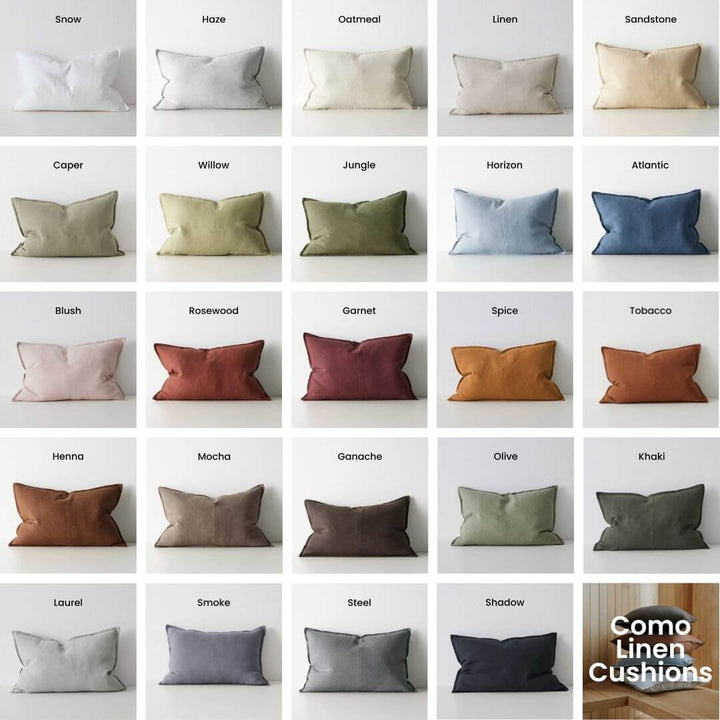 Grid of lumbar rectangle Como Linen Cushions in various colors on a grey  background