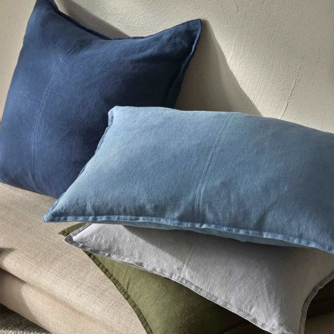 Como 40cm, 50cm and 60cm linen cushions in blue, grey and green.
