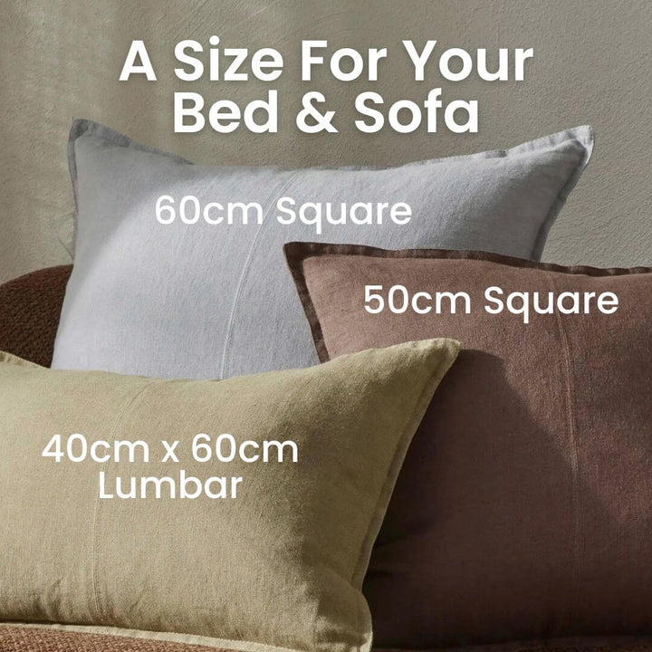 3 Como 40cm Lumbar, 50cm and 60cm Square linen Cushions on a sofa