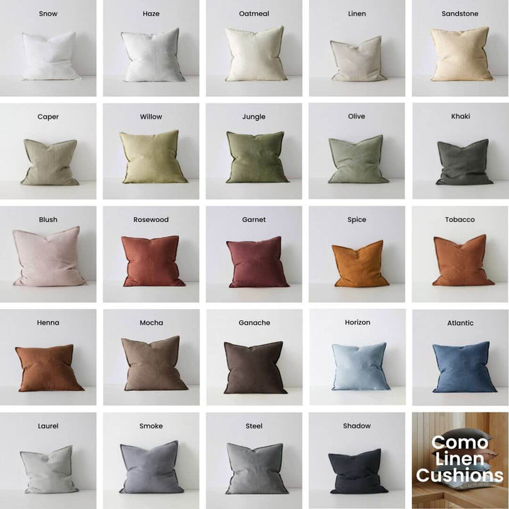 Grid of Como 50cm 60cm Linen Cushions in various colors on a light gray background.