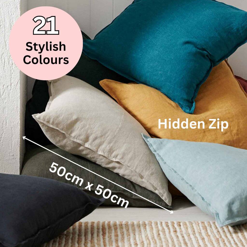 Como Linen cushions measure 50cm and have a hidden zip, shop online Australia wide delivery.