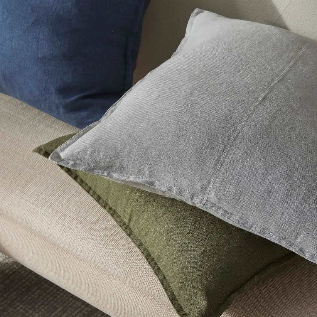Como 50cm 60cm grey, green and blue linen cushions on a sofa