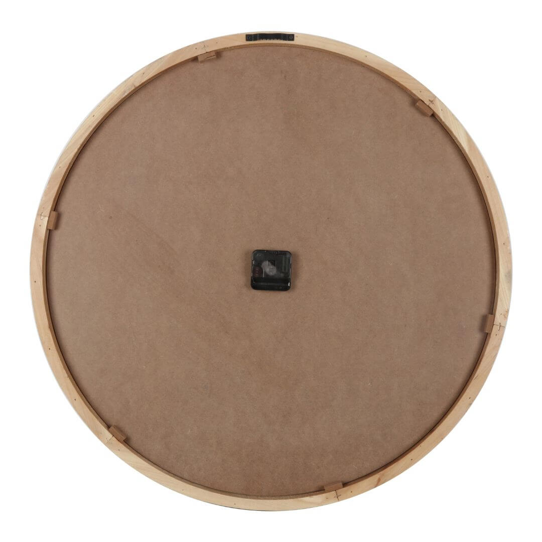 The back view of a big Contemporary Grey Wall Clock measuring 60cm with timber numbers.