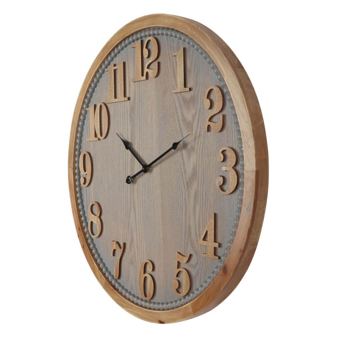 The side view of a large Contemporary Grey Wall Clock measuring 60cm with timber numbers.