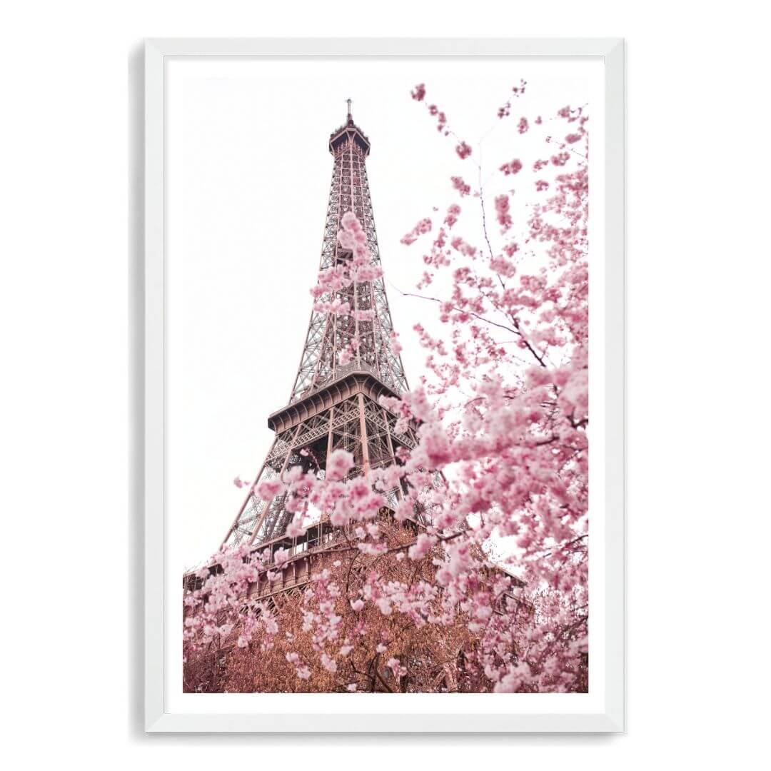 A wall art photo print of the Eiffel Tower in Spring with a white frame, white border by Beautiful Home Decor