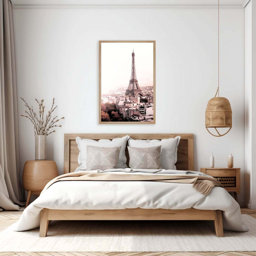 A wall art photo print of the Eiffel Tower in Paris with a timber frame or unframed for the wall above your bedroom bed