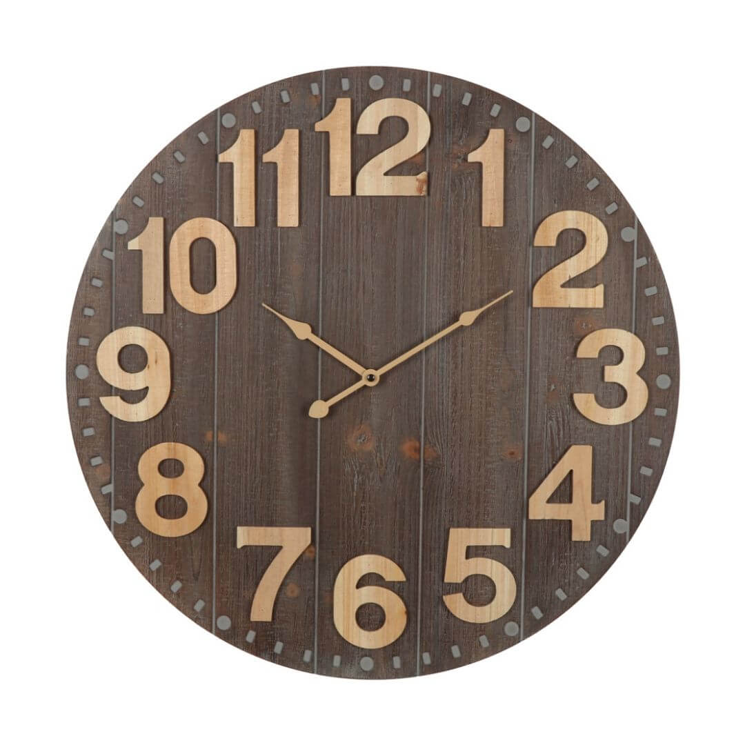 A large 60cm Emporium Slatted Aged Wall Clock with natural timber numbers and grey brown clock face.