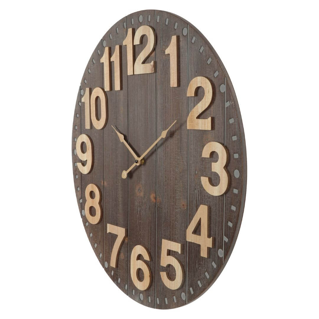 The side view of the large 60cm Emporium Slatted Aged Wall Clock with natural timber numbers and grey brown clock face.