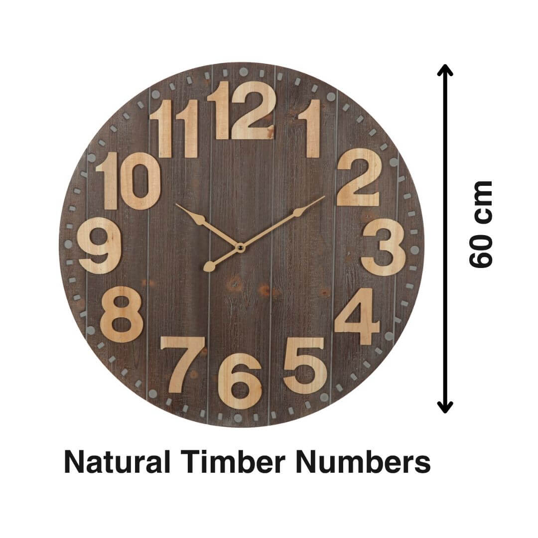 A big 60cm Emporium Slatted Aged Wall Clock with natural timber numbers and grey brown clock face.