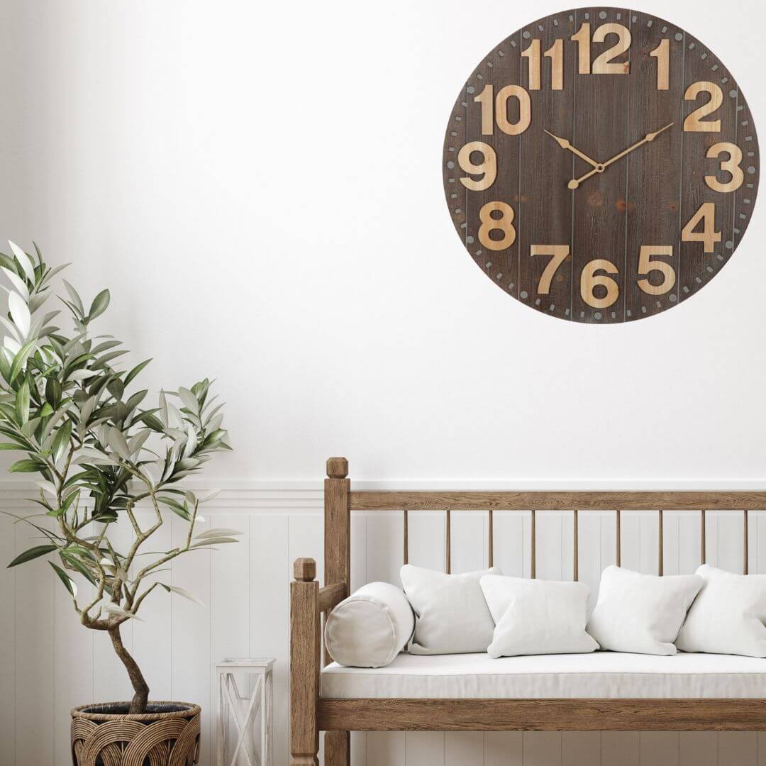 A large 60cm Emporium Slatted Aged Wall Clock with natural timber numbers and grey brown clock face to hang on your hallway empty walls.