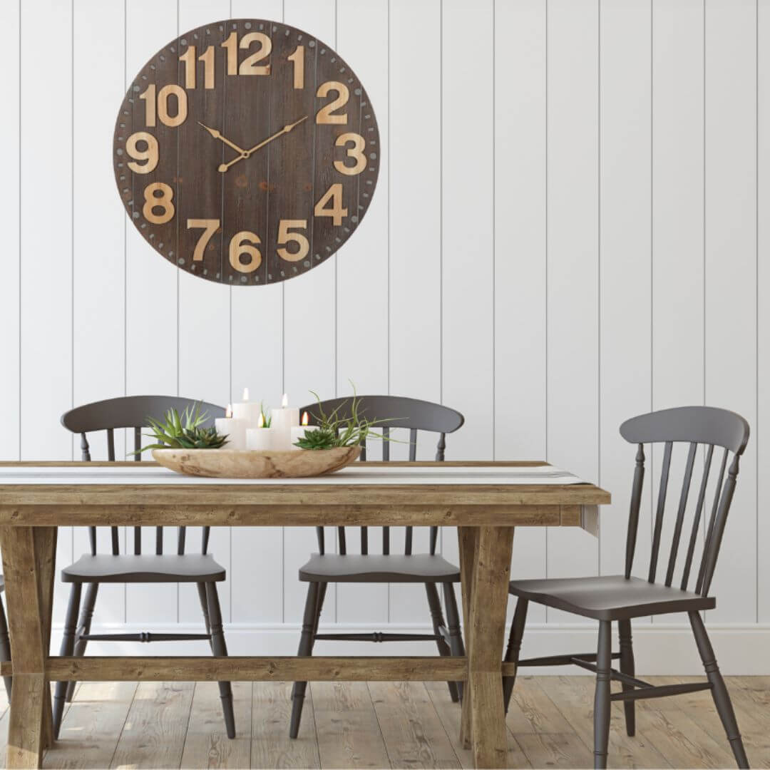 A big 60cm Emporium Slatted Aged Wall Clock with natural timber numbers and grey brown clock face for dining room walls..