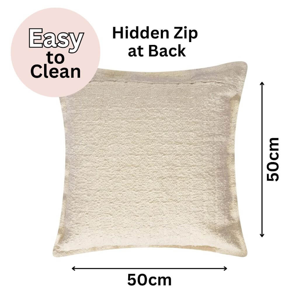 The hidden zip at the back of the Gemma Boucle Square Cream Cushion, measuring 50cm is the perfect decorative cushion to style your bed or sofa.