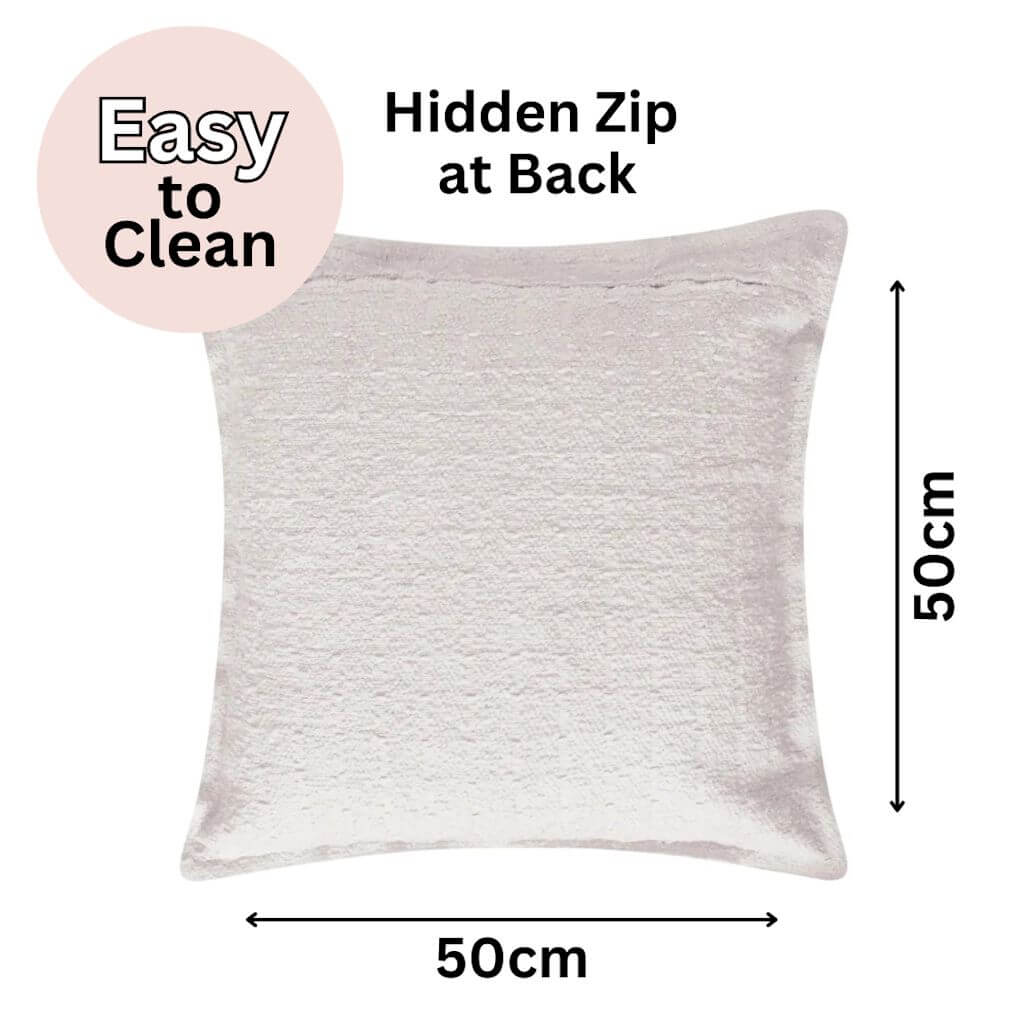The hidden zip at the back of the Gemma Boucle Square Ivory Cushion, measuring 50cm is the perfect decorative cushion to style your bed or sofa.