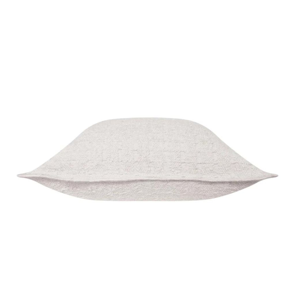Side view of the Gemma Boucle Square Ivory Cushion, measuring 50cm is the perfect decorative cushion to style your bed or sofa.