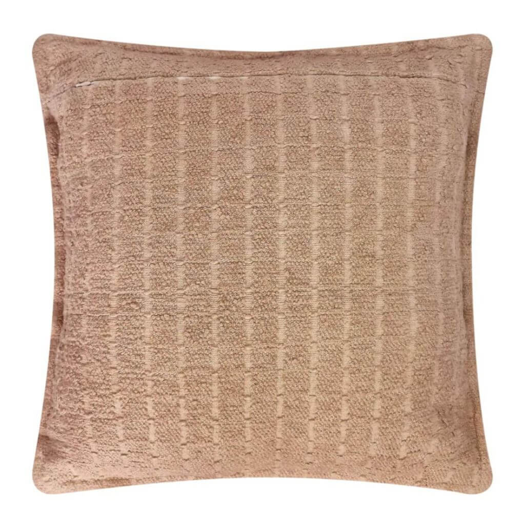 The back of the  Gemma Boucle Square Warm Taupe Cushion, measuring 50cm is the perfect decorative cushion to style your bed or sofa.