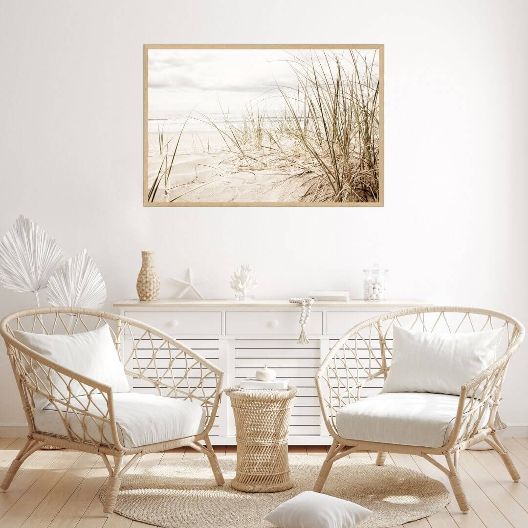 A wall art photo print of a grassy beach shore with a timber frame for the living room by Beautiful HomeDecor