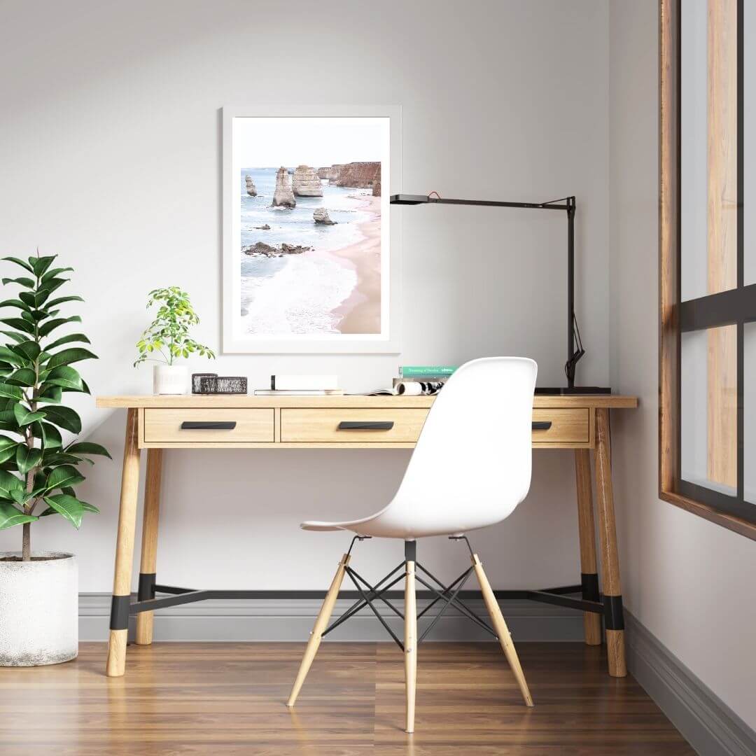 A coastal wall art photo print of the Great Ocean Road A Twelve Apostles with a white frame for the kids study office room