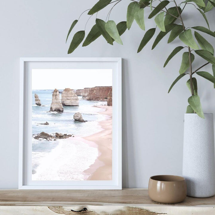 A coastal wall art photo print of the Great Ocean Road A Twelve Apostles with a white frame or unframed to style shelves and empty walls