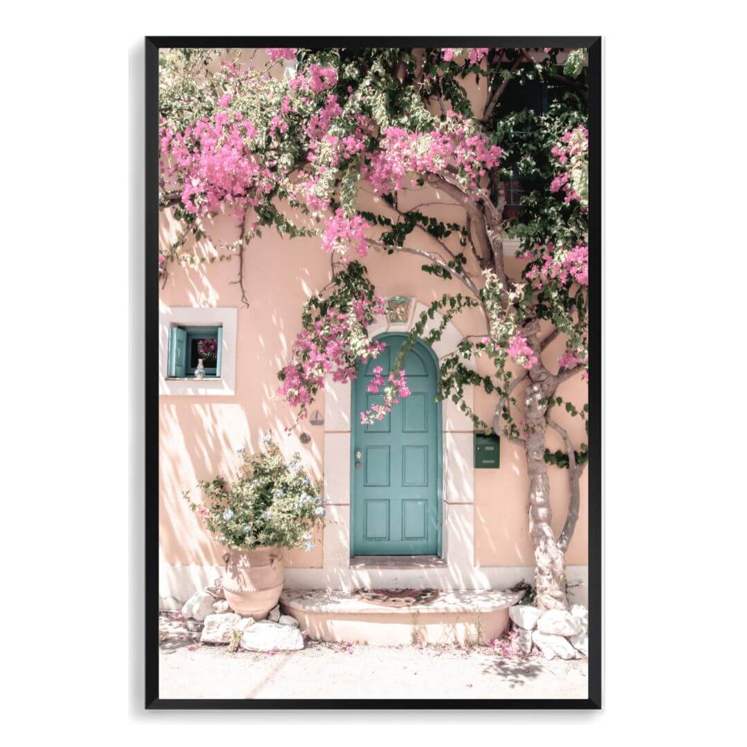 Greek Pink Villa with Green Door Wall Art Photograph Print Framed Black or Unframed Beautiful Home Decor