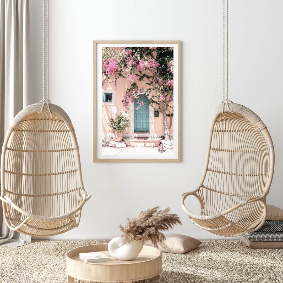Greek Pink Villa with Green Door Wall Art Photograph Print Framed or Unframed for a Living Room Beautiful Home Decor