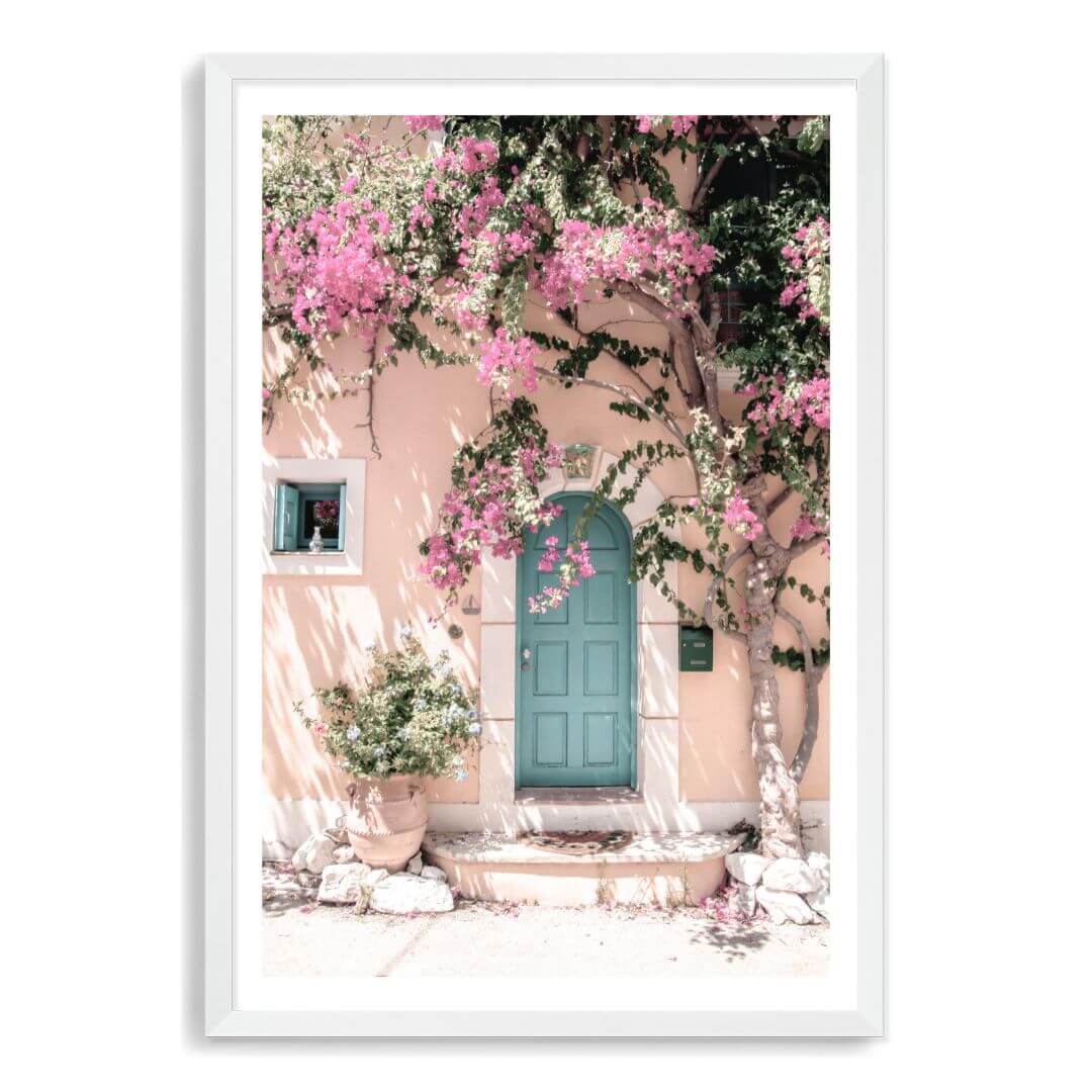 Greek Pink Villa with Green Door Wall Art Photograph Print White Frame or Unframed Beautiful Home Decor