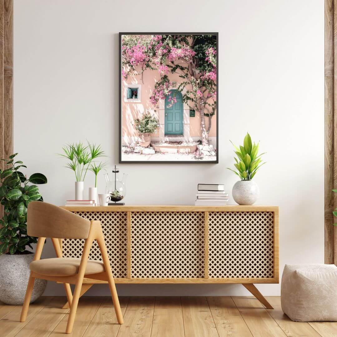A Greek Pink Villa with Green Door Wall Art Photo Print On- a dining-room-wall by Beautiful Home Decor