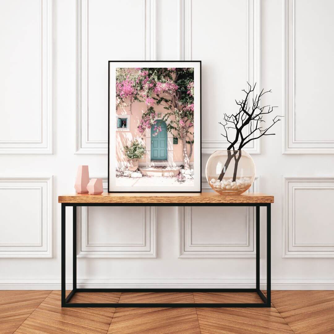 Greek Pink Villa with Green Door Wall Art Photograph Print Framed or Unframed in hallway Beautiful Home Decor
