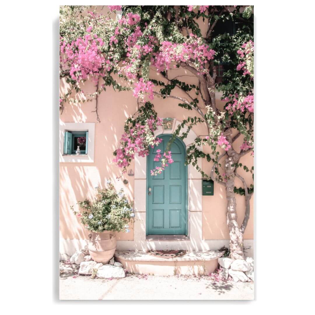 Greek Pink Villa with Green Door Wall Art Photograph Print Unframed Beautiful Home Decor