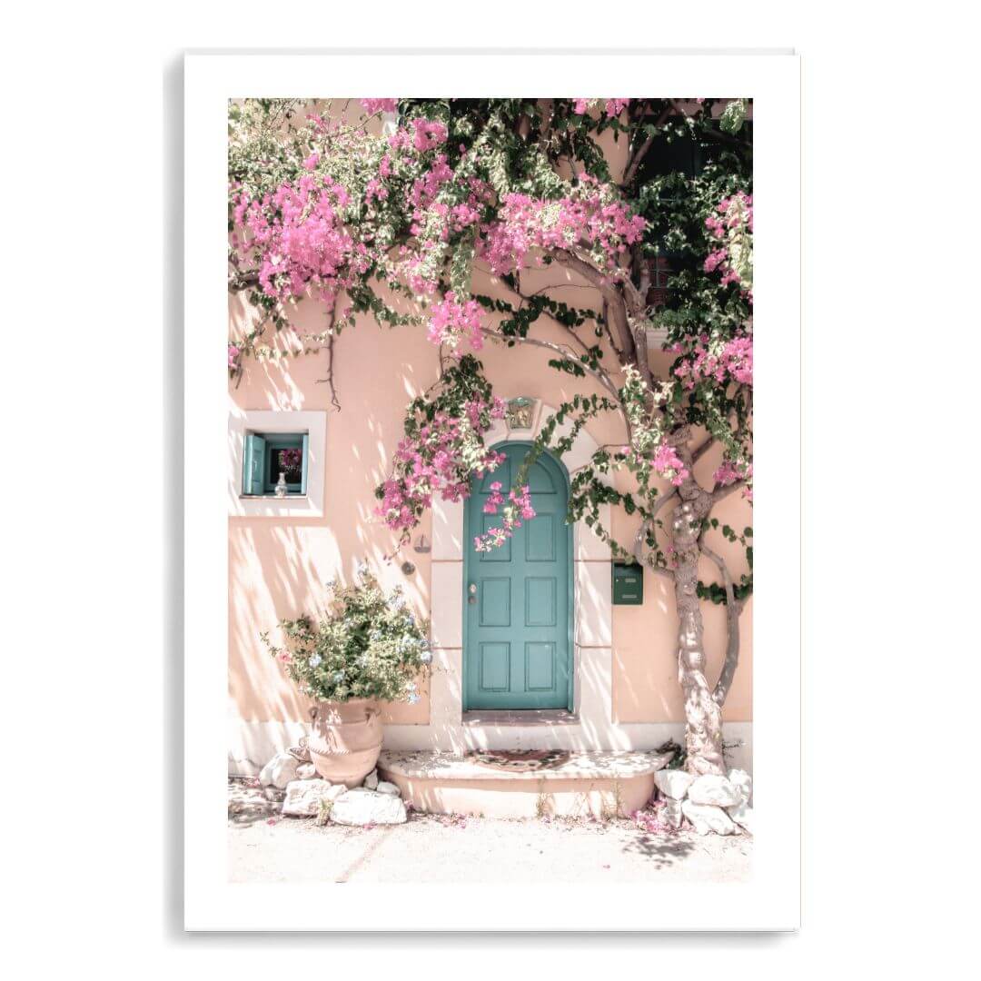 A Greek Pink Villa with Green Door Wall Art Photograph Print Unframed with a white border by Beautiful Home Decor