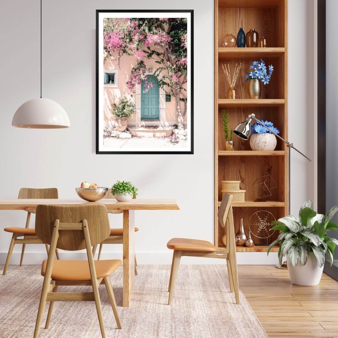 Greek Pink Villa with Green Door Wall Art Photograph Print Framed or Unframed Dining Room Beautiful Home Decor