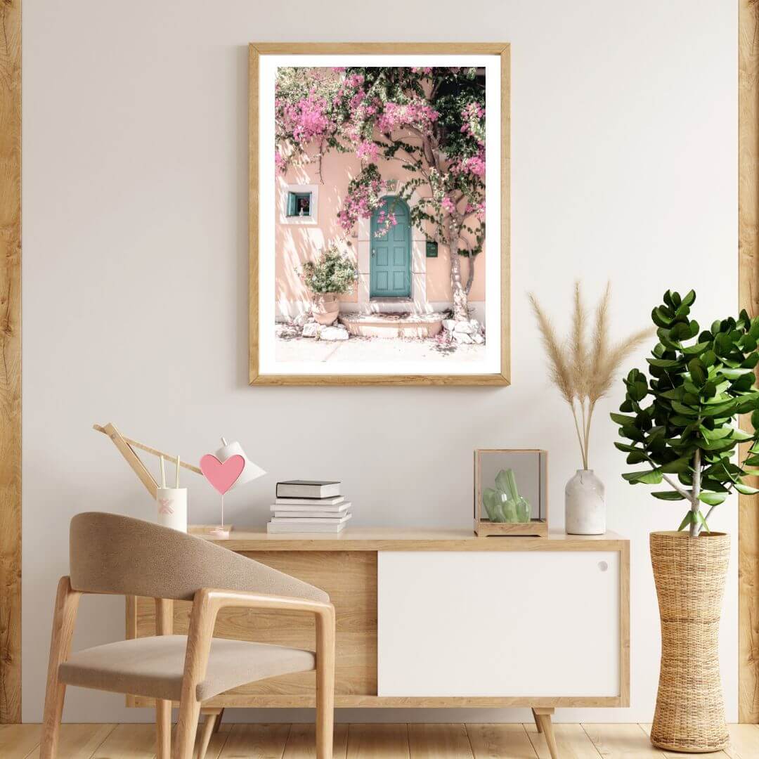 Greek Pink Villa with Green Door Wall Art Photograph Print Framed or Unframed Dining Room Console Wall Beautiful Home Decor