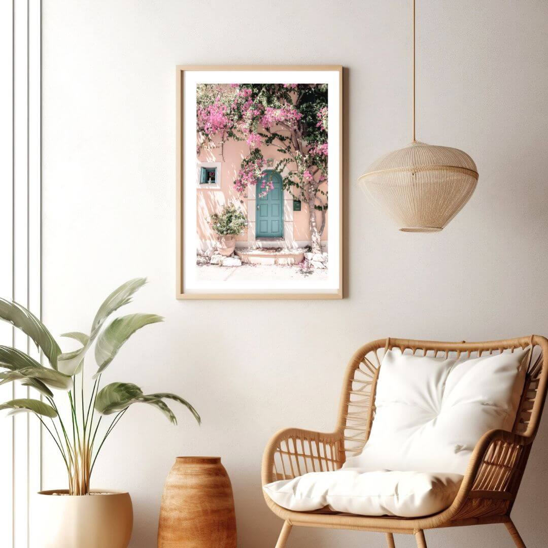 A Greek Pink Villa with Green Door Wall Art Photo Print in a sun room by Beautiful Home Decor