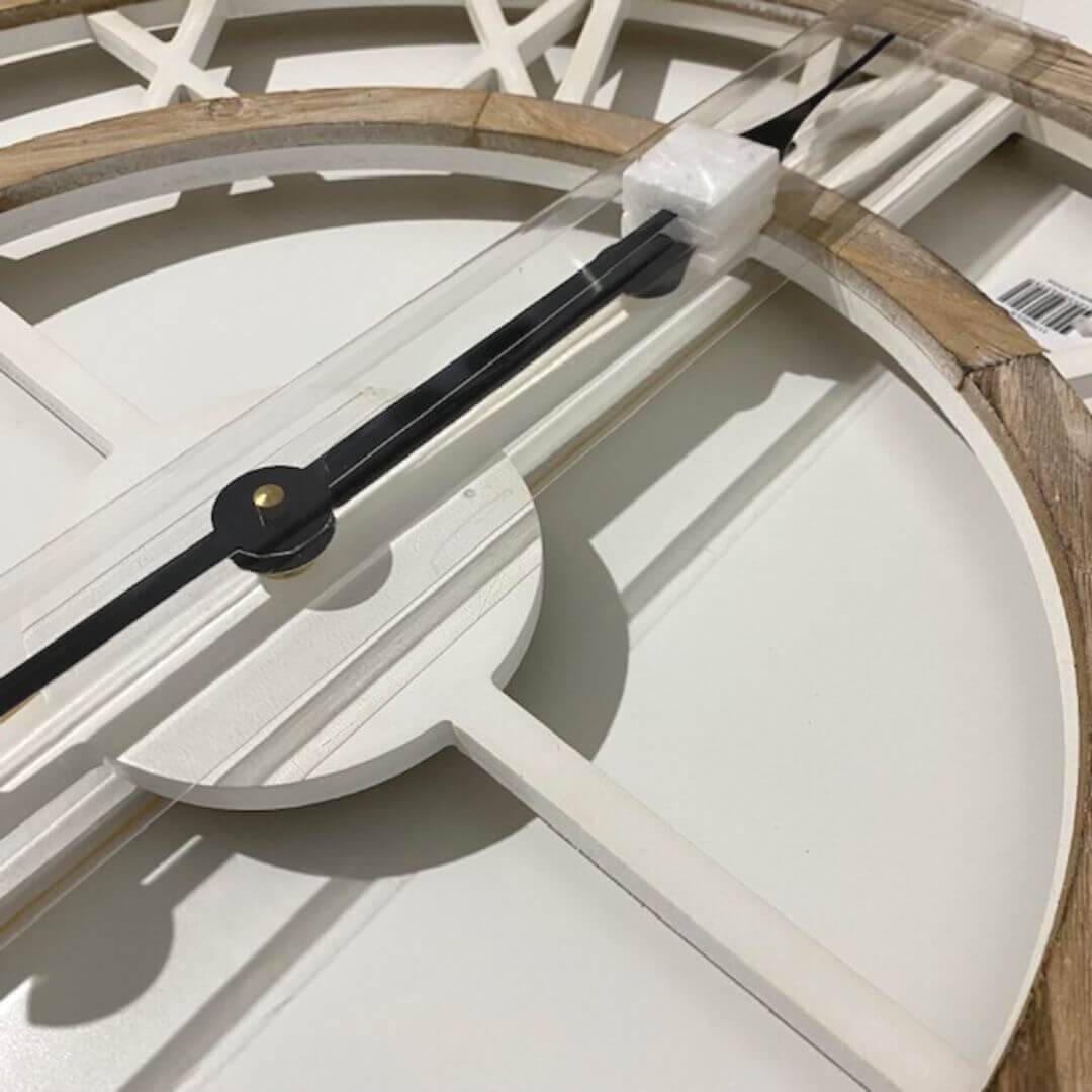 A big 60cm Hamptons Double Frame Floating Wall Clock with white numerals with a natural timber frame and black clock hands