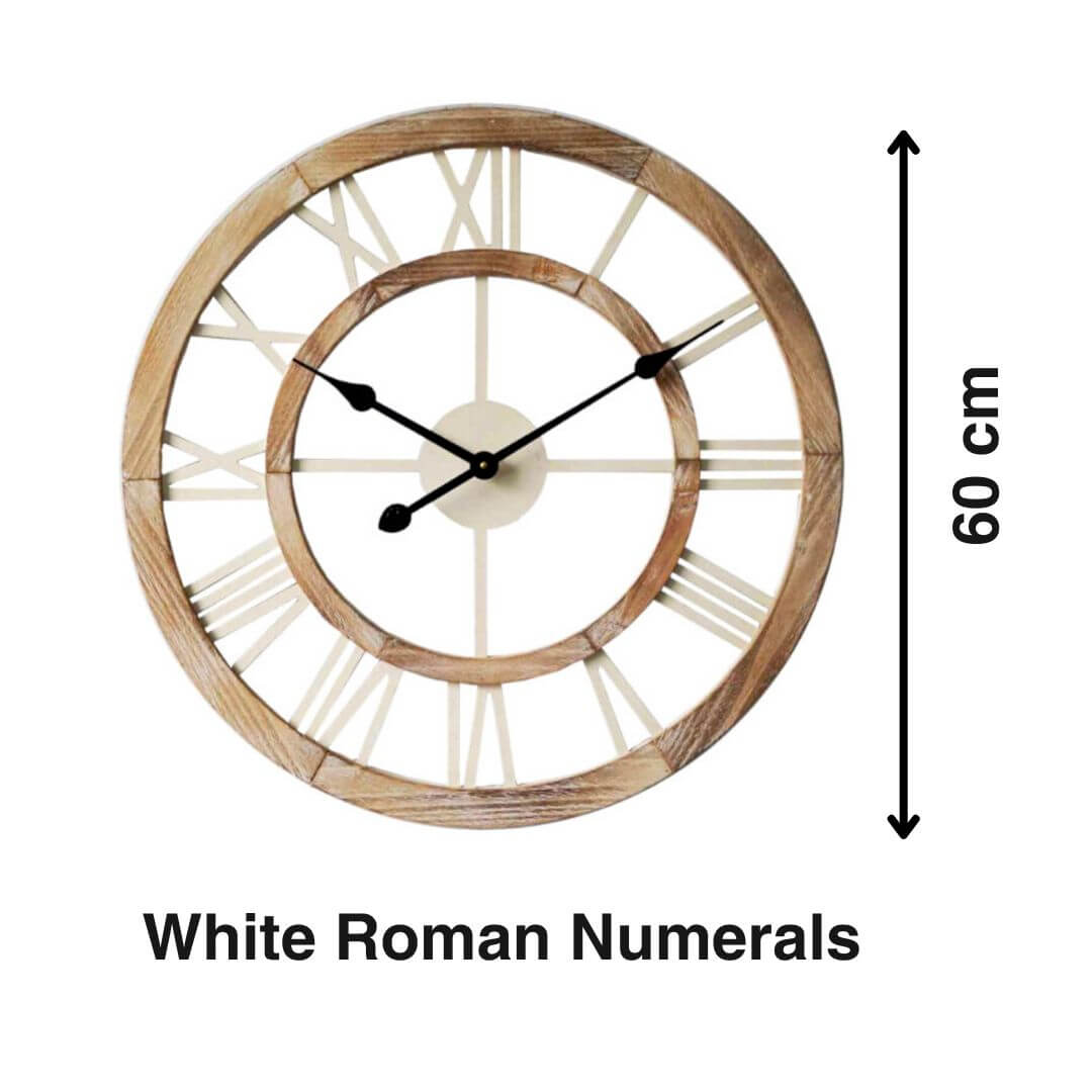 The stylish Hamptons Double Frame Floating Wall Clock features white numerals with a natural timber frame, measuring 60cm
