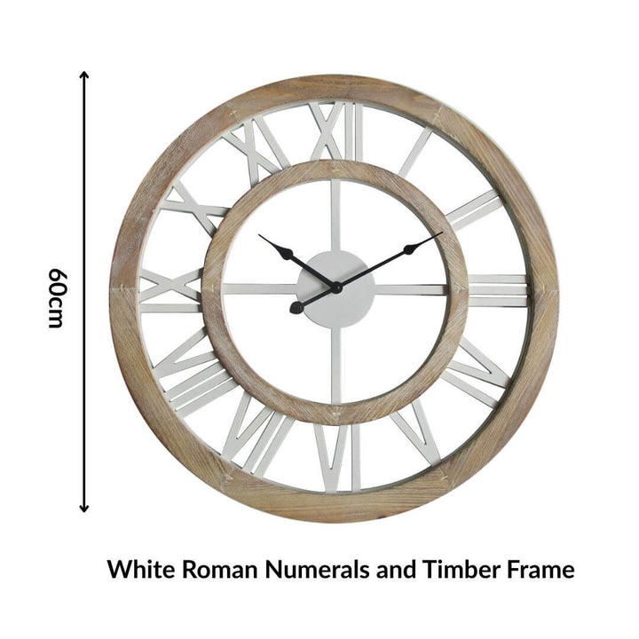 Large 60cm Hamptons Double Frame Floating Wall Clock with white numerals and a natural timber frame for stylish walls.